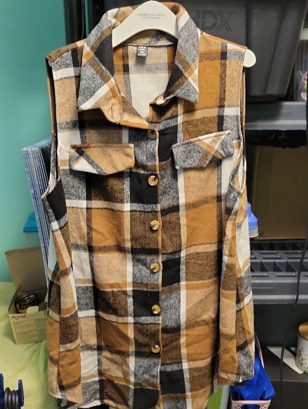 SHEIN Curve Plaid Shacket in Beige and Black